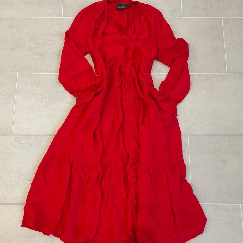 Maeve Red Long-Sleeve Tiered Midi Dress